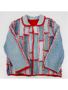 Vintage Heavy Denim Patchwork Jacket Red Lined Raw Fringe Seams Handmade READ